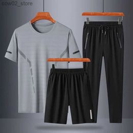 Men's Tracksuits 2023 Tracksuit 3 pieces Sets Men Sport Set Running Gym New Summer Bamboo Cotton Men'S Short Sleeve T-Shirt Sports Pants Suit Q230110