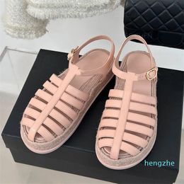 Platform Roman sandals slides buckle leather Straw outsole Casual Beach Flat shoes designer sandals for womens