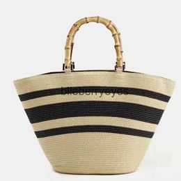 Totes Fashion casual Women's bag shoulder Colour matching striped str tote Bamboo handle handbag PP grass wovenblieberryeyes