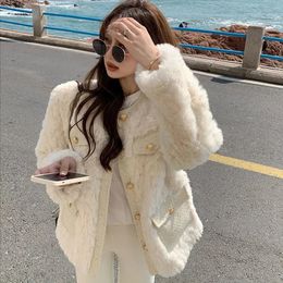 Lucyever Korean Fashion Lamb Wool Coats Women Streetwear ONeck Faux Fur Jackets Woman Autumn Winter Thick Warm Plush Coat 240109