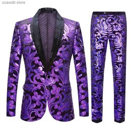 Men's Suits Blazers European Size (Blazer + Trousers) Men's Suit Fashion Trend Slim Purple Velvet Sequin Wedding Groom Dress 2 Piece Set T240110