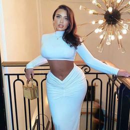 Work Dresses Elegant 2 Piece Set Outfits Women White Long Sleeve Crop Tops And Ruched Skirts 2024 Spring Bodycon Dress Matching Sets