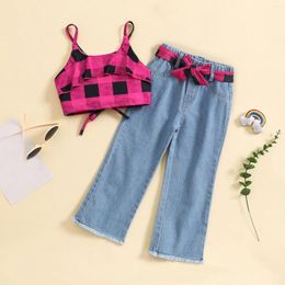 Clothing Sets Fashion Kids Girls Clothes Set Summer Sleeveless Plaid Print Ruffles Camisole Elastic Waist Denim Pants For 2 3 4 5 6 7Y