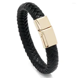 Charm Bracelets Fashion Casual Punk Men Black Leather Bracelet Cuff Vintage Weave Wristbands Magnetic Buckle Bangle 20/22cm Retro Jewelry