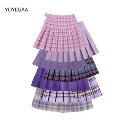 T-Shirt Purple Women Pleated Skirts High Waist Woman Plaid Mini Skirt Preppy Style Casual Female Skirts Sweet Aline Ladies Short Skirt