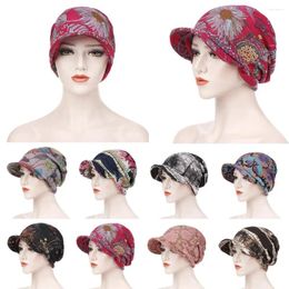 Berets Fashion Muslim Women Floral Print Cotton Hat Beanies Hair Loss Chemo Headscarf Wraps Visor Thick Cap Turban Headwear Wrap