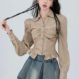Women's Blouses Spring Autumn Sexy Fashion Ruffles Folds Slim Shirt Female Long Sleeve All-match Short Tops Women Solid Color Cardigan