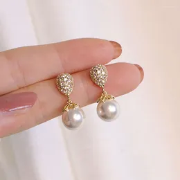 Dangle Earrings Elegant Zircon Setting Pearl For Women Exquisite Luxury Advanced Design Young Girl Gold Colour Jewellery Gift
