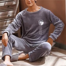 Men Thicken Warm Flannel Pajamas Set Male Long Sleeved Stripe Men'S Autumn Winter Casual Loose Homewear Sleepwear Top 240109