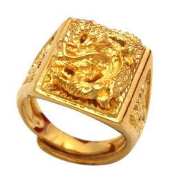 24K Pure Yellow Gold Ring for Men Luxury Engraving Dragon Adjustable Rings Gentleman Wedding Party Jewelry Gift Trend 240109