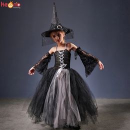 Girls Gothic Halloween Ghost Witch Costume Flare Sleeve Kids Gown Robe Tutu Dress with Witch Hat for Purim Carnival Party 240109