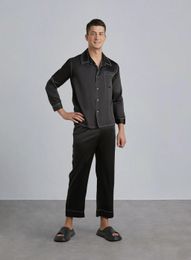 Original Mens Steric Silk Pajama Set 22 MM Denim Like Sandwashed Premium Chinese Long Sleeve PJs for Men Sleepwear Black 240110