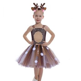 Fluffy Brown Deer Girls Tutu Dress Christmas Costume Kids Reindeer Tulle Dress for Carnival Party Dresses Children Xmas Outfit 240109