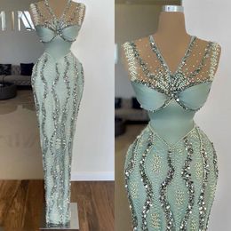 Elegant V Neck Mermaid Prom Dress Sexy Sequined Satin Sleeveless Formal Evening Gowns Robe De Soiree