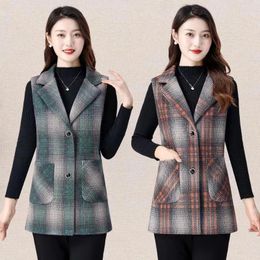 Women's Vests 2024 Middle-aged Woolen Vest Coats Fashion Plaid Sleeveless Jacket Female Mid Long Waistcoat Women Outerwear XL-5XL