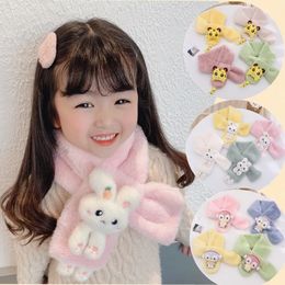 Korean Boys Girls Winter Thick Plush Cross Children's Scarf Baby Bib Cute Cartoon Rabbit Faux Fur Neck Protection Warm Shawl V49 240110