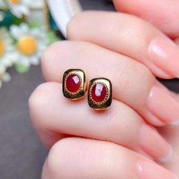 Stud Earrings Simple 925 Silver Ruby For Office Woman 4mm 6mm Burmese With 3 Layers 18K Gold Plated