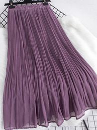 Skirts Chiffon Pleated Midi Skirt Women Casual Simple Style Solid A Line Elastic High Waist Long Female Lady Purple Z448