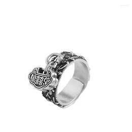 Cluster Rings S990 Pure Silver Wishful Opening Ring With Charm Vintage National Style Women's Fun Fine Jewellery