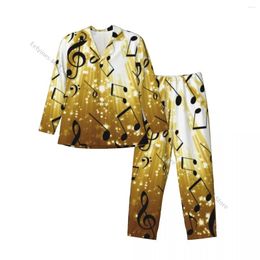 Men's Sleepwear Pajamas Suit Lapel Long Sleeve Music Notes Golden Glittering Male Home Clothes