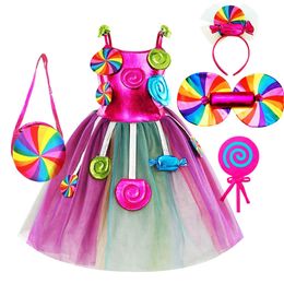 Rainbow Candy Princess Dress Girls Ball Lollipop Purim Costume for Kids with Headband Holiday Birthday Party Clothes Outfits 240109