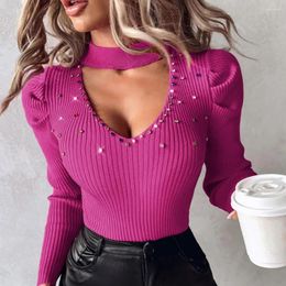 Women's Blouses Commuting Style Shirt Stylish Rhinestone Studded Knitwear V-neck Tops Hollow Out Sweater Slim Fit Blouse Office Lady