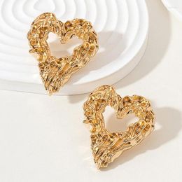 Stud Earrings Fashion Gold Color Big Heart For Women 2024 Korean Vintage Minimalist Metal Piercing Ear Statement Jewelry