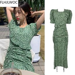 Sweatshirts Green Vintage Dresses Hot Woman Summer Short Sleeve Cute Sweet Korea Design Japanese Style Design Draw String Long Maxi Dress