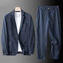 Spring Autumn Fashion Men Linen Twopiece Set Blazer Jacket Pants Solid Slim Fit Casual Business Thin Clothing Breathable Suit 240110