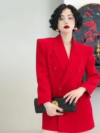 Women's Suits Red Simple Style Suit Jacket 2024 Spring High-end Light Luxury Unique Shoulder Pad Autumn And Winter Coat Top