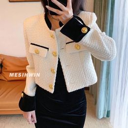 Korean Fashion Button Tweed Jacket Women Vintage Patchwork Long Sleeve Outwear Slim Round Neck Cropped Coat Single Breasted 240109