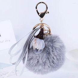 Keychains Pompom Ball Student Cute Keychain Imitation Hair Gold Colour Metal With Flower Women Wallet Accessories Key Ring