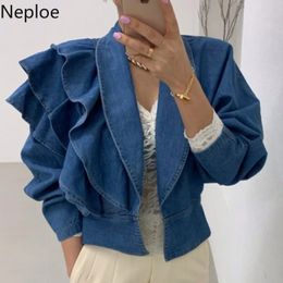 Neploe Fall Women Clothing Cropped Denim Jacket Vintage Turn-down Collar Puff Sleeve Ruffles Crop Tops Korean Jean Coat 240109