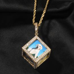 DIY Custom 6 Sides Cube 3D Photo Pendant Necklace TopBling Full Zircon Men Women Jewellery Gift