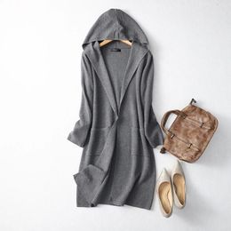 Cardigans Women's Real Silk Cashmere Blend Hoodie Neck Long Sleeve With Pockets Long Type Cardigan Sweater Dress Top Shirt LY014