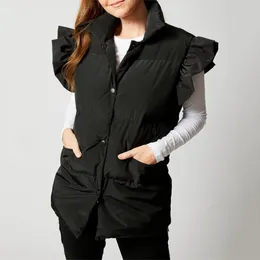 Women's Vests 2024 Women Ruffles Vest Coat Stand Collar Winter Warm Oversize Tops Mujer Casual Feminino Outdoor