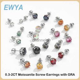 Stud EWYA Real 0.3-2CT Colored Moissanite Screw Earrings for Women S925 Sterling Silver Green Pink Blue Diamond Ear Studs Gift YQ240110