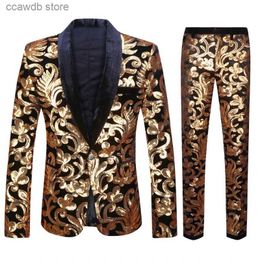 Men's Suits Blazers High Quality (Blazer + Trousers) Men's Gold Velvet Fashion Elegant Casual Wedding Banquet Party Sequin Comes Two Piece Set T240110