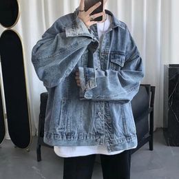 Men Jacket Denim Retro Hip Hop Style Loose Singlebreasted Long Sleeve Lapel Multi Pockets Casual Streetwear Plus Size Coat 240109