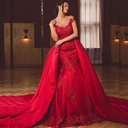 Charming Burgundy Mermaid Evening Dresses With Detachable Train Lace Appliques Sleeveless Long Formal Occasion Gown Back Lace-Up Corset Elegant Slim Prom Dress