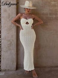 Casual Dresses Dulzura Knitted Women Tube Maxi Dress Crochet Outfits Hollow Out Bodycon Sexy Party Club Beach Y2K Streetwear