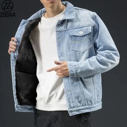 Men Light Blue Winter Jean Jackets Outerwear Warm Denim Coats Large Size Wool Liner Thicker Size4XL 240109