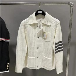 TB Image shop Men's Cardigan Sweater Casual Knitted Coat high collar Autumn Contrasting Color Four-Bar Wool Stripes 240110