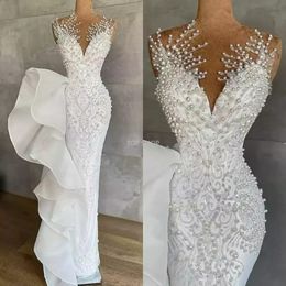 Stunningbride 2024 White Fashion Luxurious Pearls Mermaid Wedding Dresses Beaded Crystals Lace Jewel Neck Sequined Bridal Gowns Custom Made