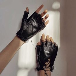 Fingerless Gloves New women's Sheepskin Half Finger Gloves Leather Fashion Lace Style Warm Velvet Cool Silk Black Riding Driving GlovesL231223