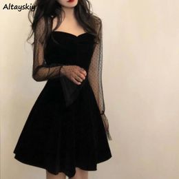 Dress Dresses Womens Summer Vintage Aline Solid Mesh Flare Sleeve Knee Length Square Collar Elegant Feminine Sexy Chic Women 2020 New