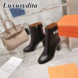 High quality designer womens long boots luxury thick sole high heel leg Martin boots fashion leather over ankle boots over knee socks boots Chelsea boot H heel YMHM 023