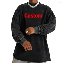 Men's Hoodies DIY Custom LOGO Cotton Retro Washed Long Sleeve Men T Shirt Loose Oversized Streetwear Pullovers Autumn Sweatshirt