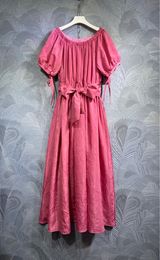 2024 Spring Pure Colour Belted Dress Pink Short Sleeve Round Neck Long Maxi Casual Dresses T3J041514