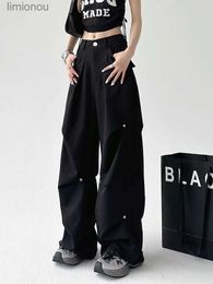 Women's Pants Capris HOUZHOU Black Cargo Pants Women Baggy Vintage Wide Leg Pleated Trouser Cyber Y2k Techwear Casual Chic Straight Korean StreetwearL240110